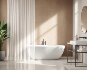 Duo de styles : marier murs texturés et rideau de douche transparent pour un look contemporain