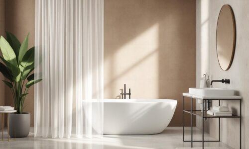 Duo de styles : marier murs texturés et rideau de douche transparent pour un look contemporain