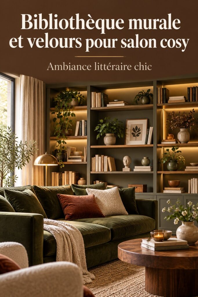Bibliothèque murale et velours pour un salon cosy